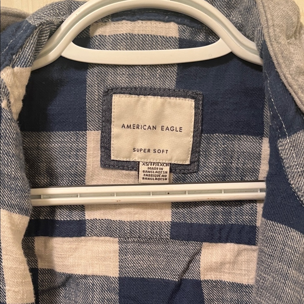 American Eagle Flannel Blue and White Plaid Hoodie